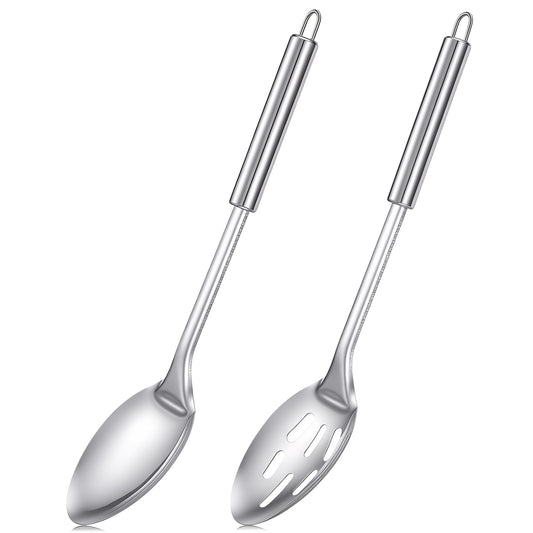 HJZHII 2Pcs Stainless Steel Cooking Spoons Set, Large Cooking Serving Spoon & Slotted Spoon Cooking Utensils Tool Mixing, Serving, Stiring Spoons, Gifts for Home, Restaurant, Dishwasher Safe