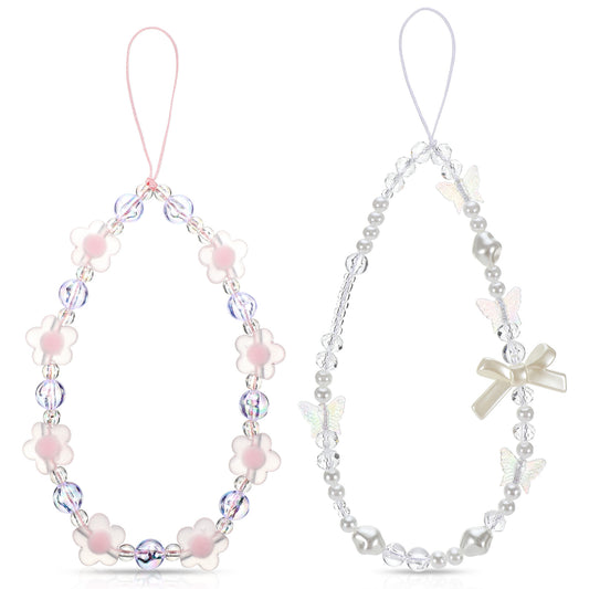 SHENLIU 2 Pcs Beaded Phone Wrist Strap, Cute Phone Charm Butterfly Flower Pearl Phones Chain Y2k Charms Lanyard