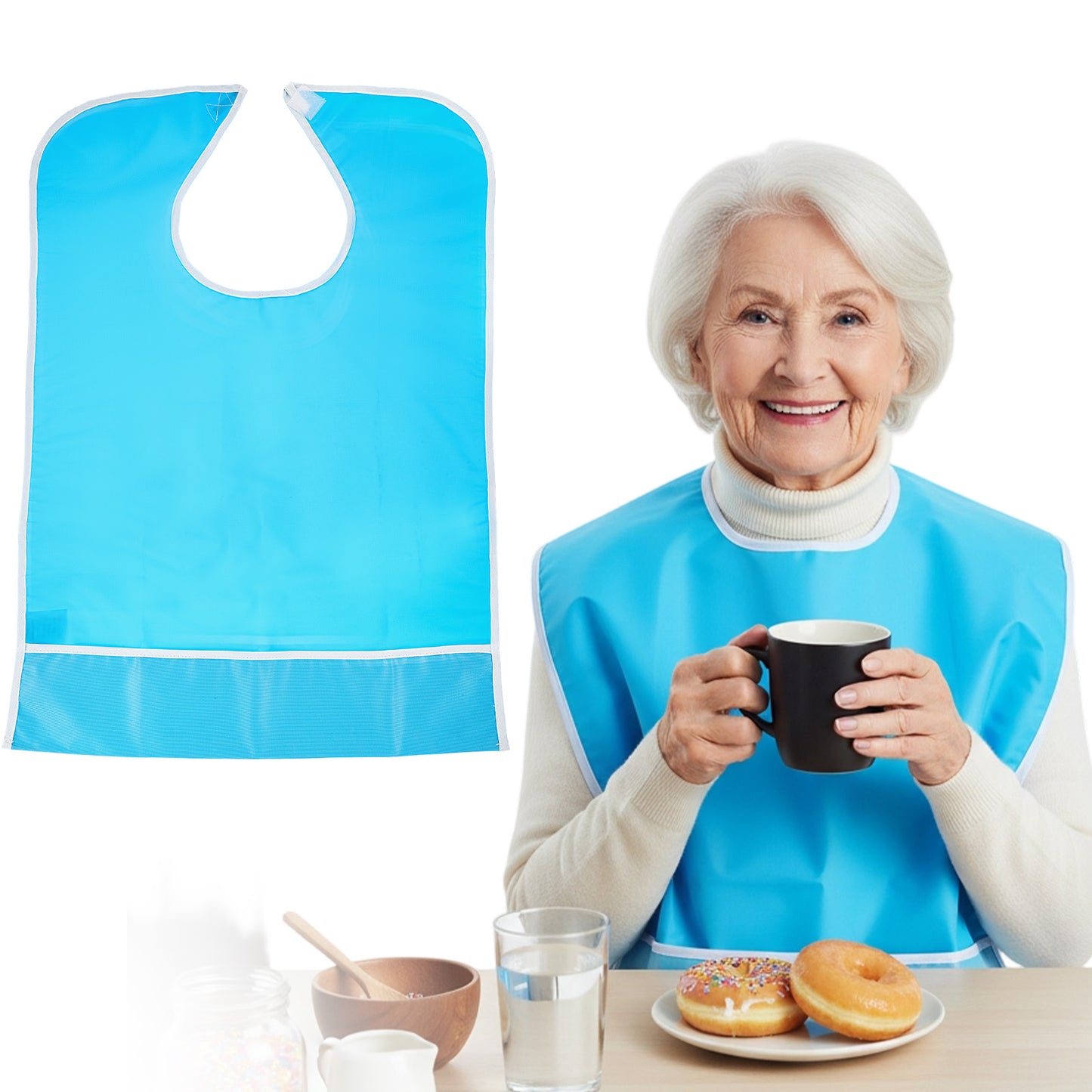 WJIAAA Adult Bibs for Elderly Women Men, Blue Waterproof Oil-Proo Bibs with Chip Collector Wipe-Clean Flexible Plastic Adult Bib Adjustable Adults Eating Clothing Protectors Reusable 23.6 x 14.3in