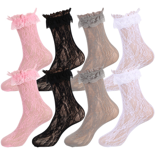 HJZHII 4Pairs Lace Ruffle Frilly Socks, Ankle Ruffle Lace Socks Cute Dress Sock Lolita Dresses Sock for Cute Lolita Princess Dress Accessories Women Ladies