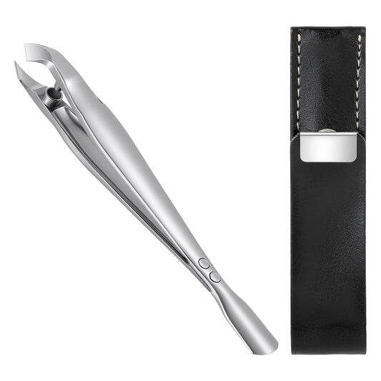 LIQWEI 2-in-1 Cuticle Trimmer and Pusher, Stainless Steel Nail Tool, Compact Portable Design with Leather Case, Professional Manicure Pedicure Kit for Precise Cuticle Care