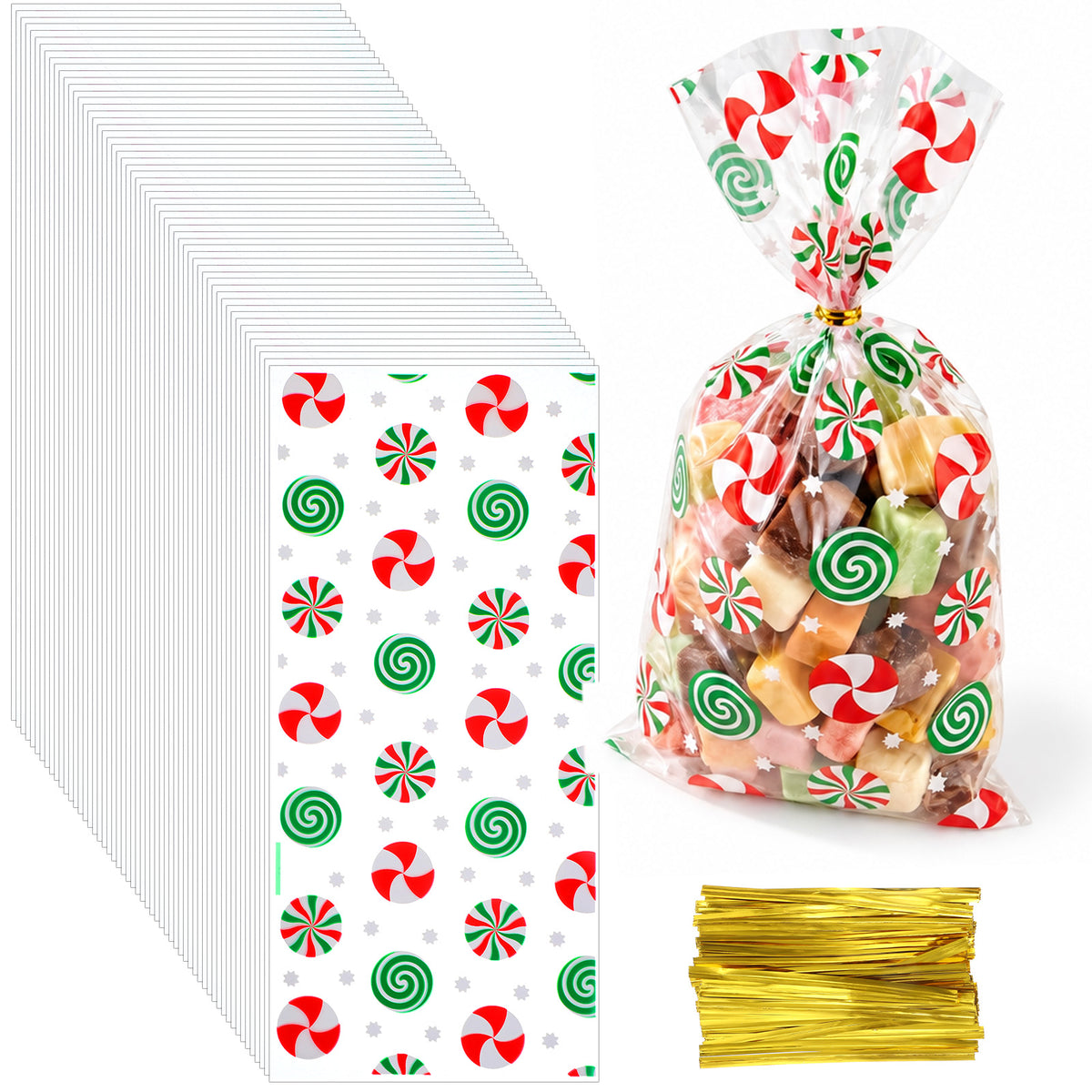 Amabro 100Pcs Christmas Candy Bags & Twist Ties Clear PE Xmas Goodie Bags