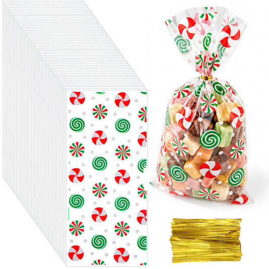 Amabro 100Pcs Christmas Candy Bags & Twist Ties Clear PE Xmas Goodie Bags