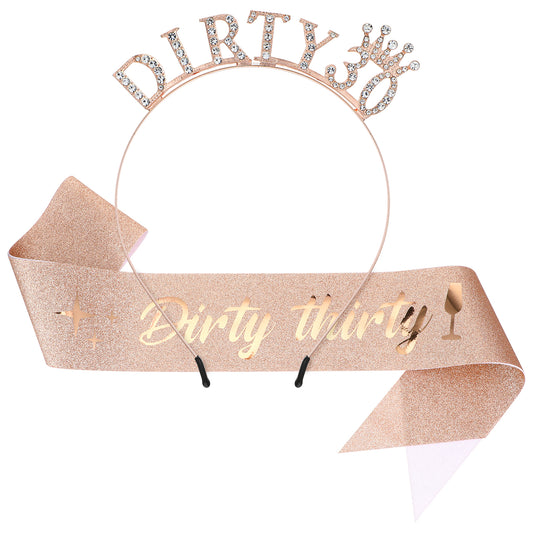 AOZUO Dirty 30 Birthday Sash Rhinestone Headband Set, Dirty Thirty Birthday Tiara Sash 30th Birthday Decoration Gifts Rose Gold Birthday Party Supplies for Women