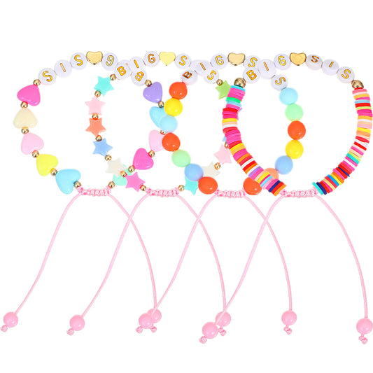 HJZHII Big Sister Bracelet, Adjustable Big Sister Shirt Jewelry Bracelet Colorful Heart Charm Beads for Woman Gift Multicolor Star Bracelets 4 Pcs Beaded Bracelets Charms with A Card