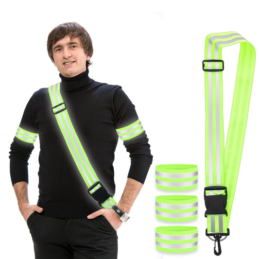 JIEYAO 4Pcs Reflective Sashs Set, Adjustable Reflective Running Gear with Clip High Visibility Safety Reflective Sash Reflective Belt with Reflective Armbands for Night Walking Cycling Running