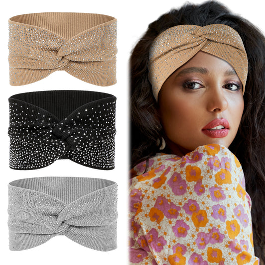 MBAIYO 3Pcs Elastic Rhinestone Wide Headbands, Sparkly Crystal African Turban Wraps Stretchy Sequin Wide Head Wraps Sport Hair Bands for Women(Black Khaki Light Gray)