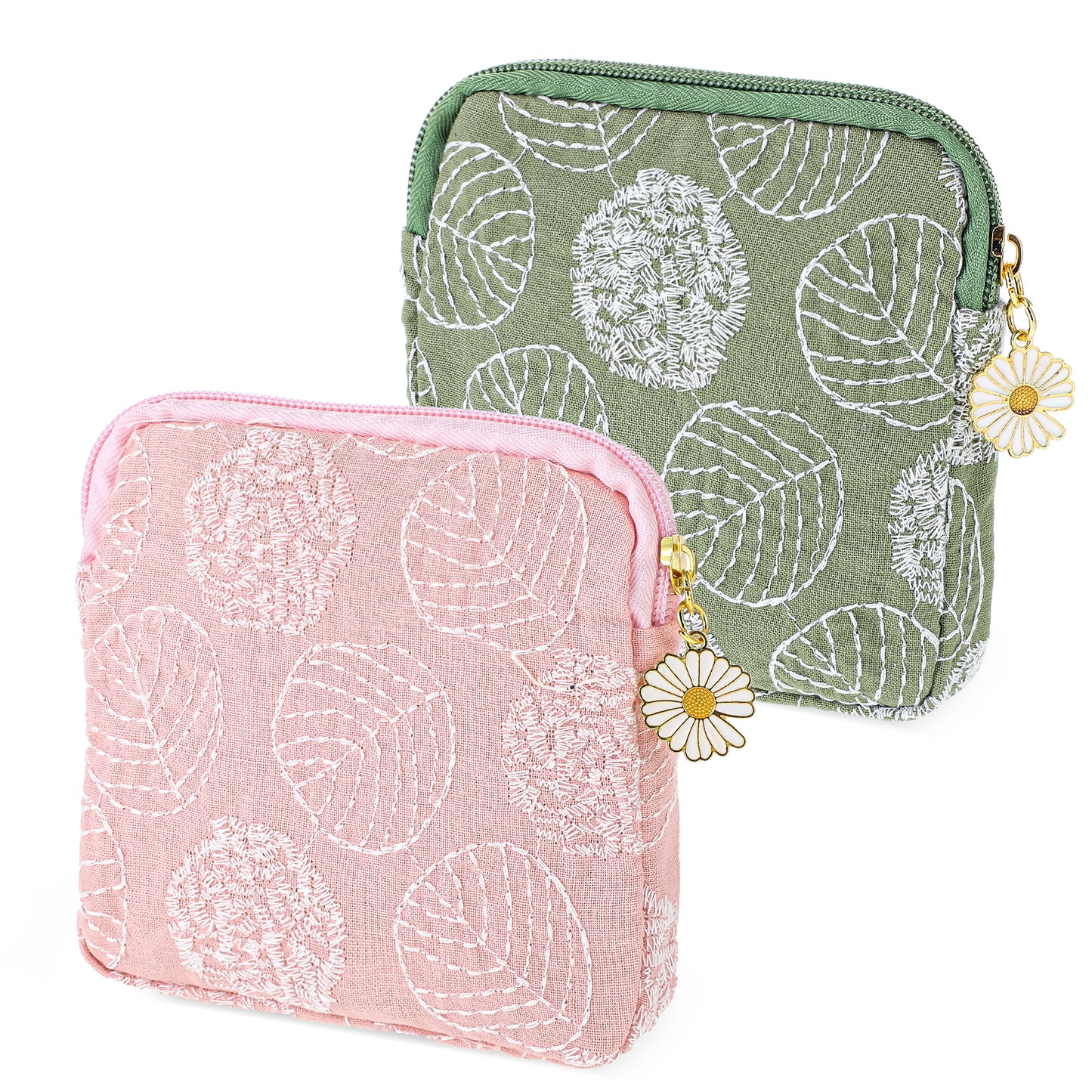 TIESOME Daisies Sanitary Napkin Storage Bag, 2 Pcs Embroidery Menstrual Cup Pouch Cotton Soft Period Holder Bag Portable Tampon Holder Pad Pouch Period Kit Bag for Women Teen Girls (Green+Light Pink)