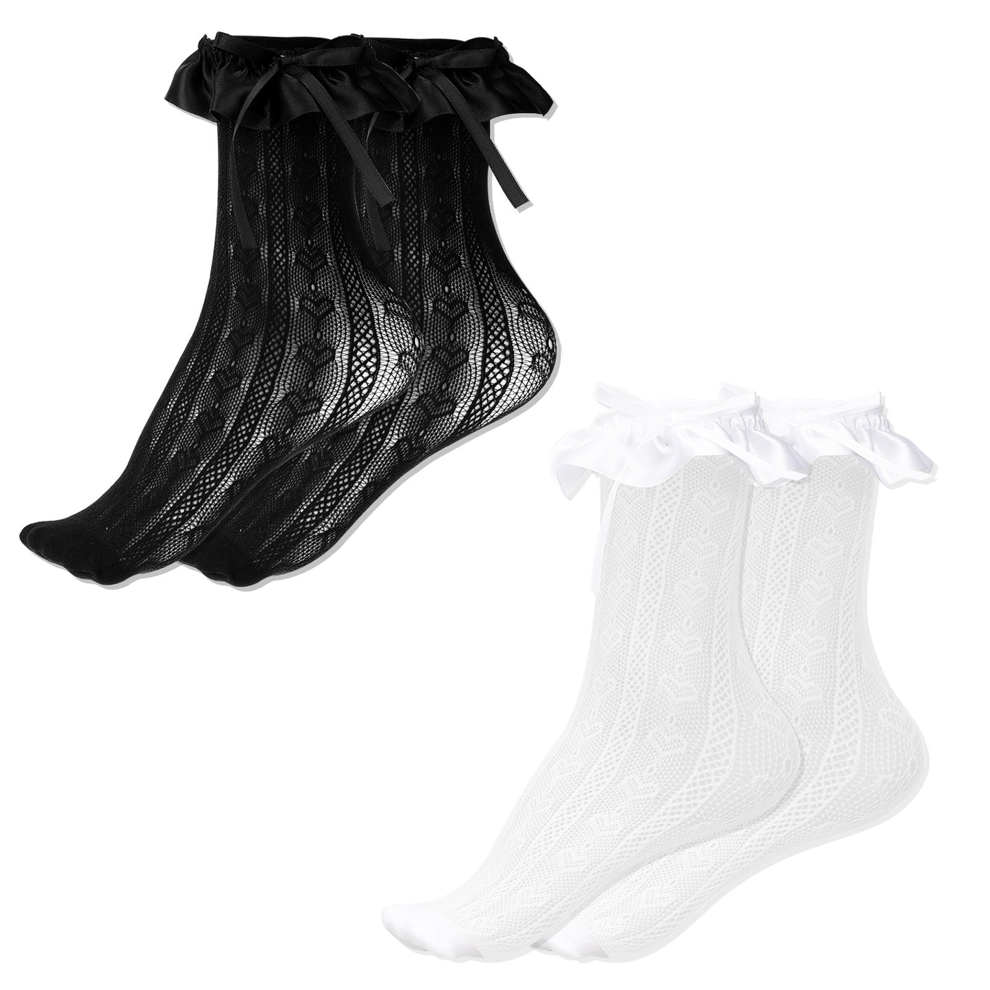 Giantree 2 Pairs Lace Ruffle Socks Women Lace Ankle Socks, Frilly Socks Women Mesh Dress Socks Cute Lace Lolita Socks with Bow