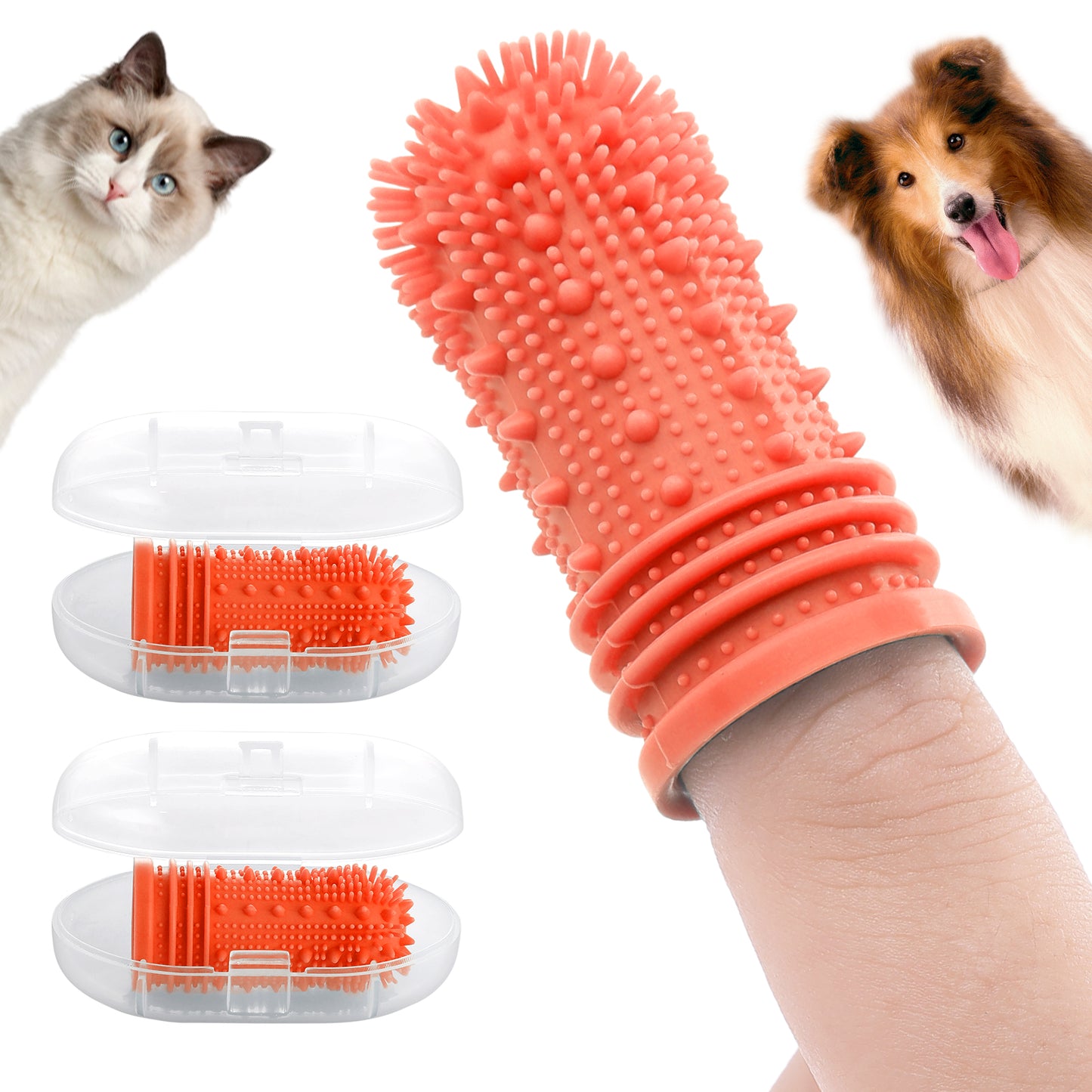 Molain Dog Toothbrush- Enhanced Version 360º Full Surround Silicone Bristles Toothbrushes Easy Teeth Clean for Cat and Dog, Teeth Clean Two-Times More Effective (2Pcs Orange)