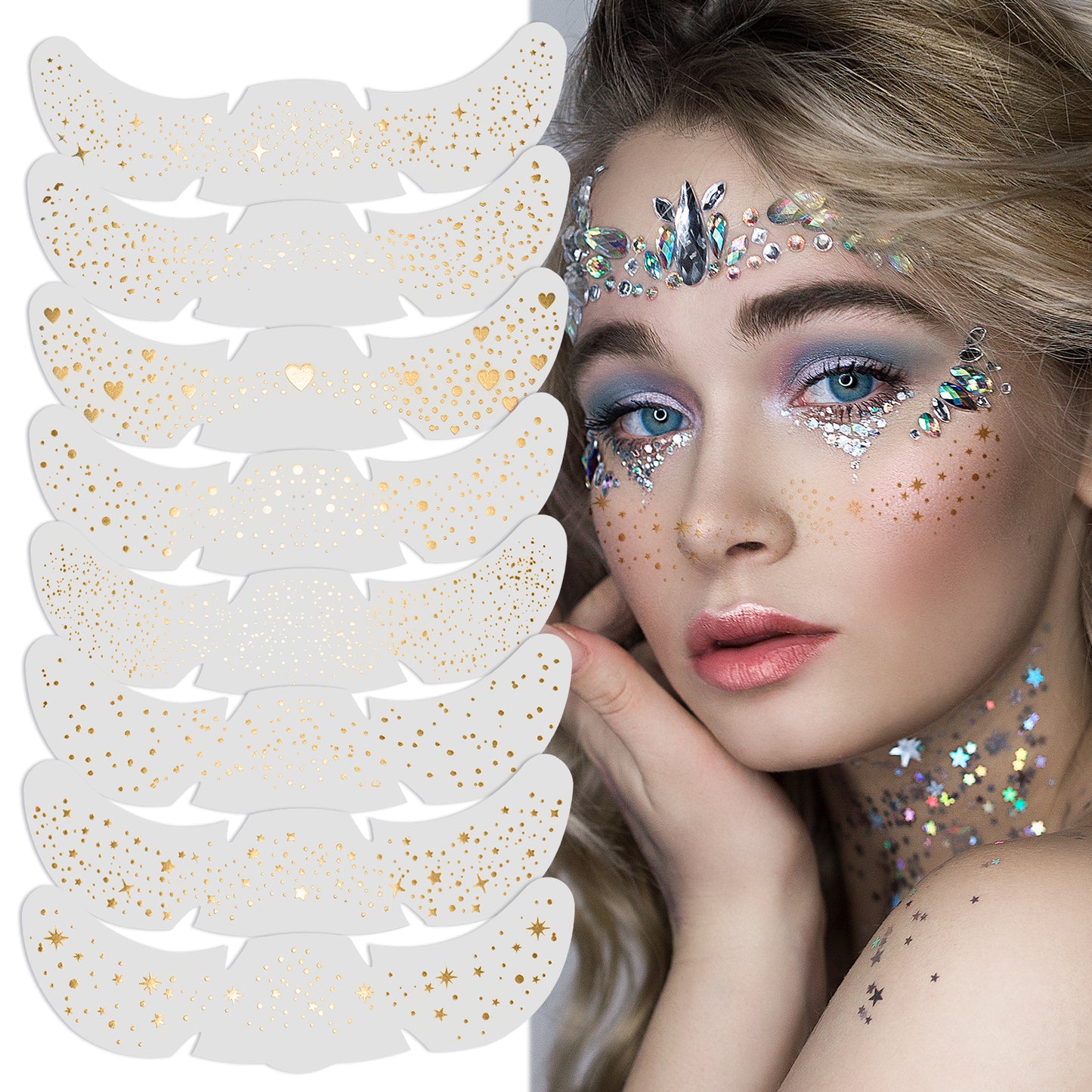 XLIUAX 6pcs Glitter Freckles Face Tattoos, Face Glitter Speckles Patches Fake Freckles Temporary Face Tattoo for Women for Cheek Body Art, Halloween, Carnival Rave Parties Accessories(Gold)