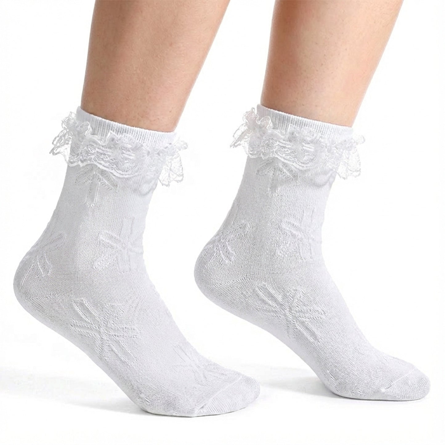 TIESOME 2 Pairs Women Lace Socks, Turn Cuff Ruffle Ankle Socks, Frilly Lace Trim Cotton Blend Laces Sock Ankle (White)
