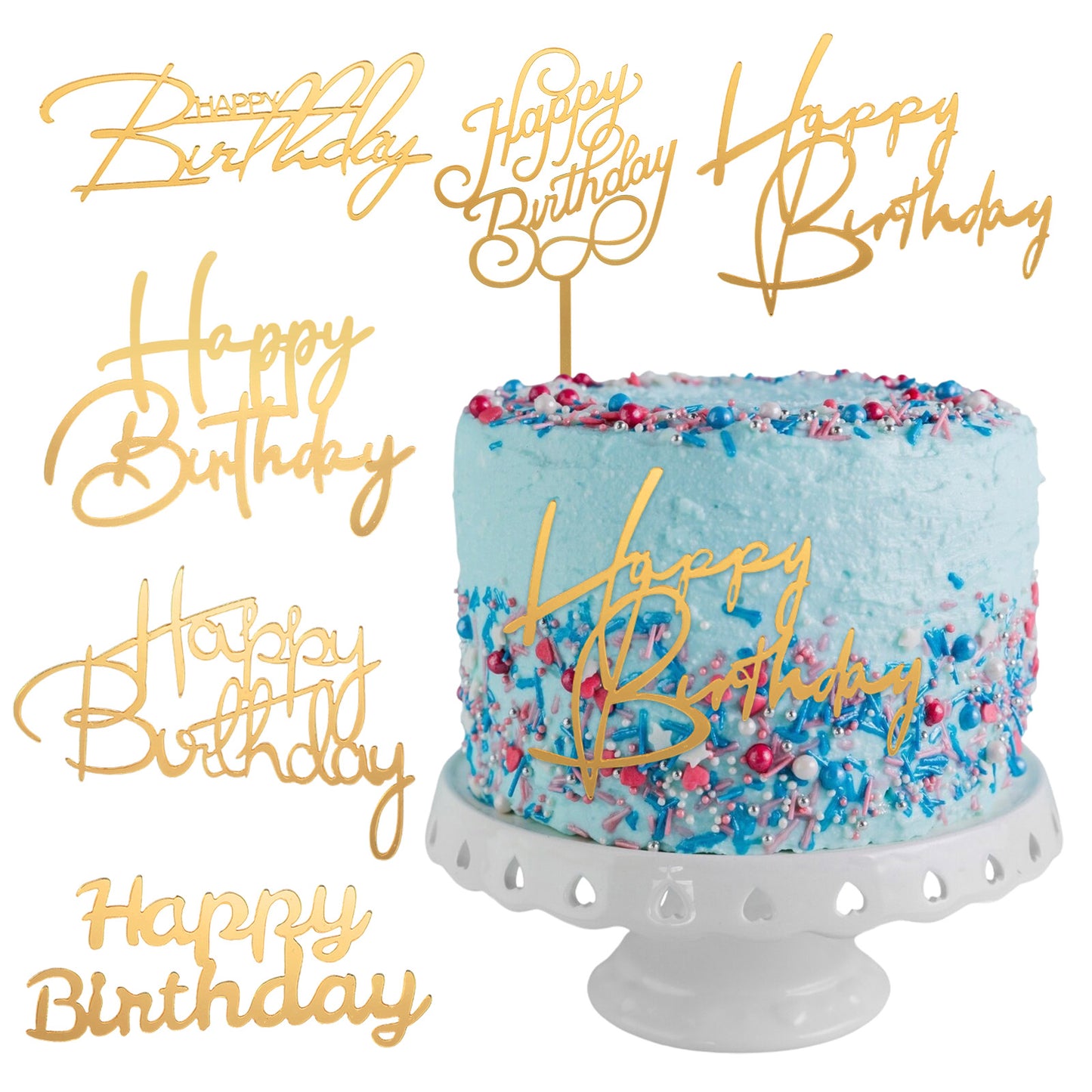 WJIAAA Gold Happy Birthday Cake Toppers, 6PCS Mirror Side Acrylic Cake Decorations for Birthday Decor Party Supplies