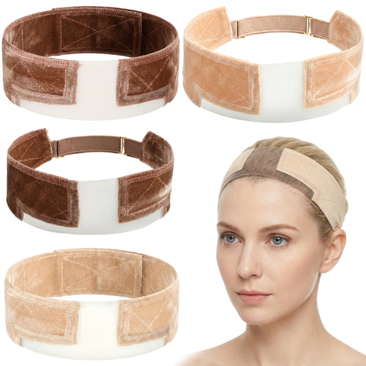 Amaxiu 4 Pcs Adjustable Velvet Wig Grip Headband, Elastic Velvet Wig Headband Non-Slip Wig Band Comfortable Breathable Invisible Wigs Grip for Women Beige and Dark Brown