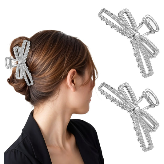 Jeffdad 2Pcs Metal Bow Claw Hair Clips, Cute Bowknot Hair Jaw Clips Stylish Hair Accessories with Strong Hold for Thick and Thin Hair(Silver)
