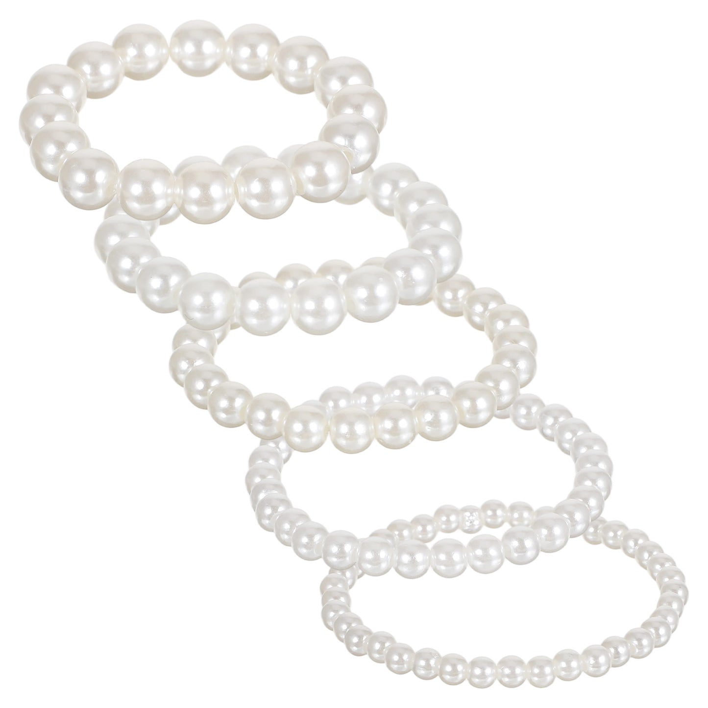 LXUEJIE 5 Pcs Pearl Bracelets for Women, Elastic Boho Pearl Stretch Bracelet Set 5 Sizes White Stackable Pearls Beaded Bracelet for Bridal Wedding Bridesmaid Party Gift Daily Wear