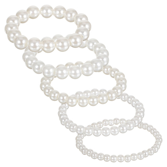 LXUEJIE 5 Pcs Pearl Bracelets for Women, Elastic Boho Pearl Stretch Bracelet Set 5 Sizes White Stackable Pearls Beaded Bracelet for Bridal Wedding Bridesmaid Party Gift Daily Wear
