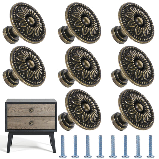 JJUNW 8 Pcs Pull Handle Metal Flower Shape Cabinet Drawer Door Knob Bronze Tone, Vintage Flower Shape Cabinet Drawer Knobs, Flower Shape Antique Bronze Dresser Drawer Handles (Small)