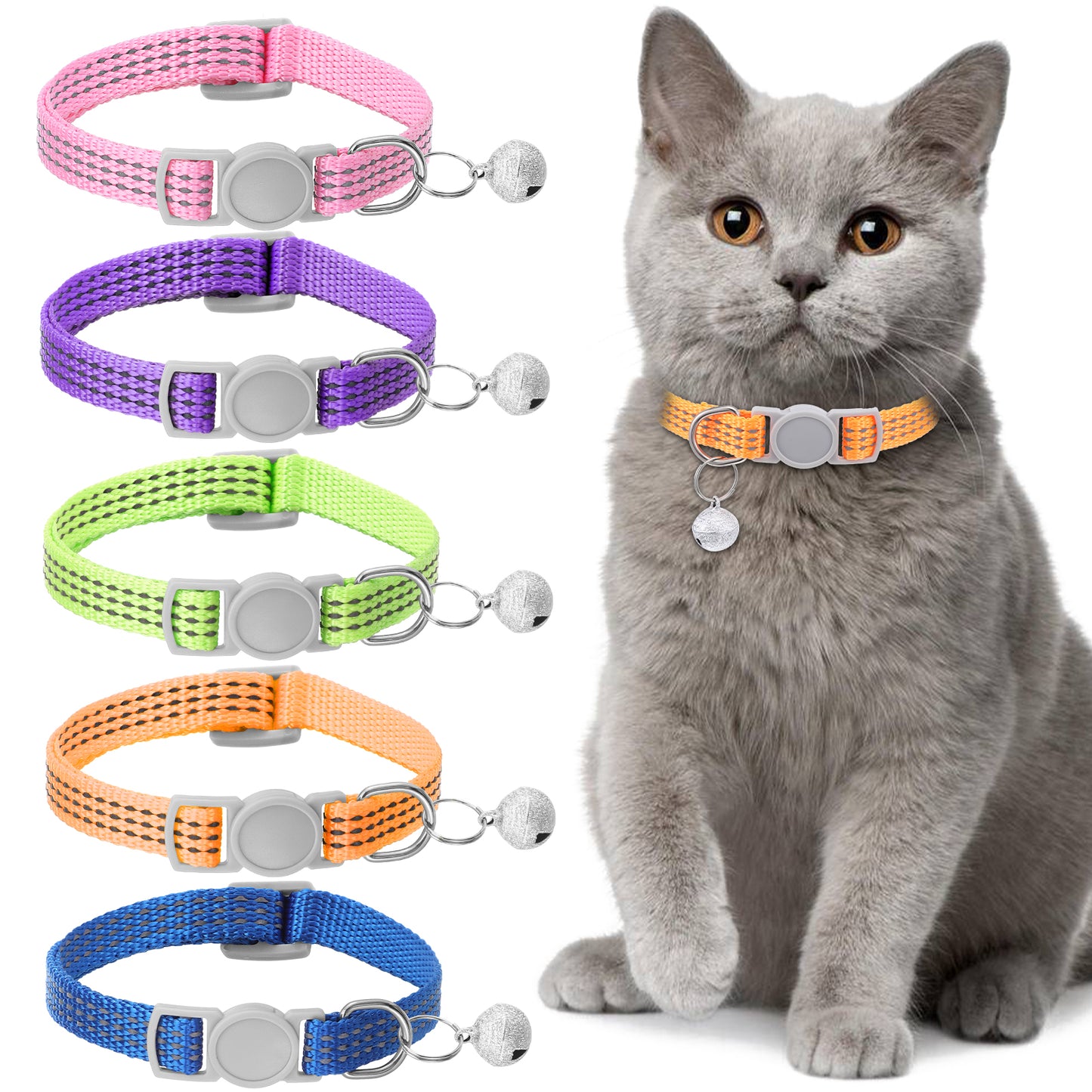 XLIUAX 5 Pcs Breakaway Cat Collars, Reflective Cat Collar Small Cats Collar with Bells Adjustable Kitten Collars Pet Supplies 7.9" - 13" Inches 5 Bright Colors Reflective for Kitten Small Pets
