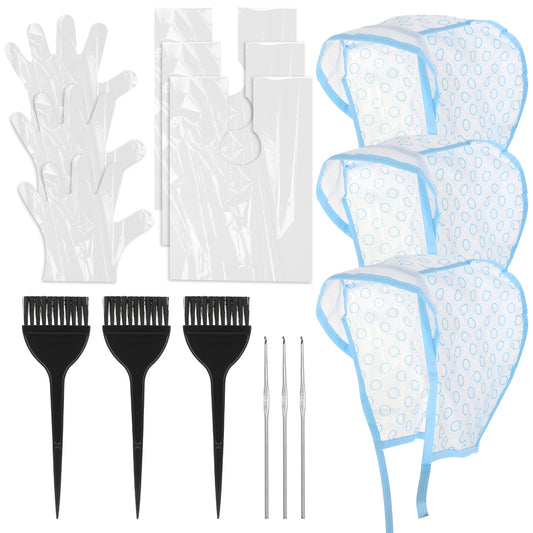 Bewudy 3 Sets Hair Highlighting Caps Kit for Salon Hair Dyeing Hairdressing and DIY Dyeing Hair with Highlight Caps for Hair, Hair Highlighting Crochet Hooks, Dye Brushes, Gloves, Hair Dye Shawl(Blue)