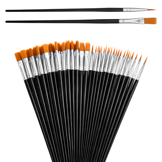 JJUNW 50 Piece Paint Brush Set, Small Flat & Round Pointed Brushes Nylon Hair Brushes for Detail Painting Craft Watercolor Canvas & Face Painting