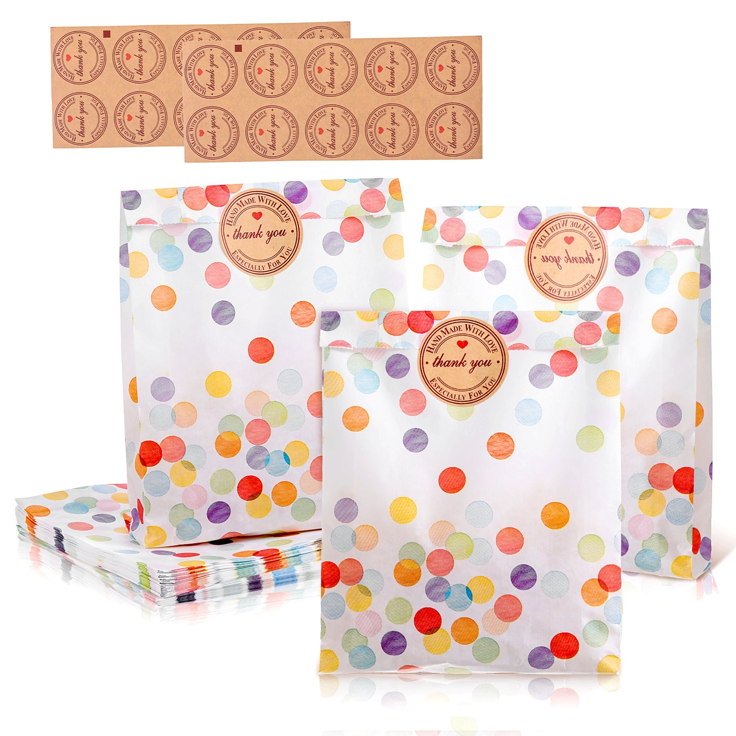 BOHUIZ Paper Gift Bag, 40 PCS Rainbow Dots Style Paper Bag Party Bags with Thank You Stickers, Donut Party Bags for Kids, Celebration, Baby Shower, Birthday, Halloween, Christmas(9x5.5x18 cm)