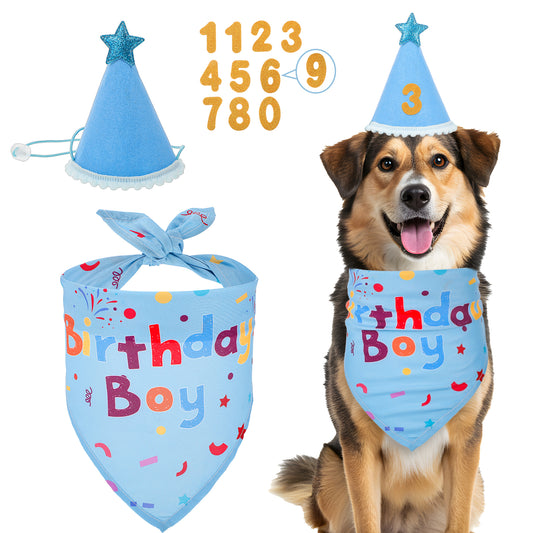 Andibro Dog Birthday Decorations, Blue Birthday Dog Bandana Triangle Scarf Birthday Hat with Numbers Pet Supplies for Small Medium Large Dogs