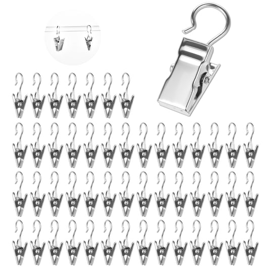 Giantree 50PCS Curtain Clips with Hooks, Small Stainless Steel Curtain Hooks Clip Set, Bathroom Curtain Clips Hangers Wire Holders for Hanging Drapes Photos Tent Lights Party Decorations(Silver)
