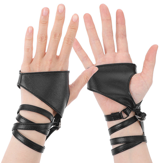 AOZUO Punk Gloves, PU Leather Half Palm Fingerless Gloves Black Cycling Driving Motorcycle Gloves Night Bar Band Up Gothic Gloves for Halloween Performance Costume Cosplay