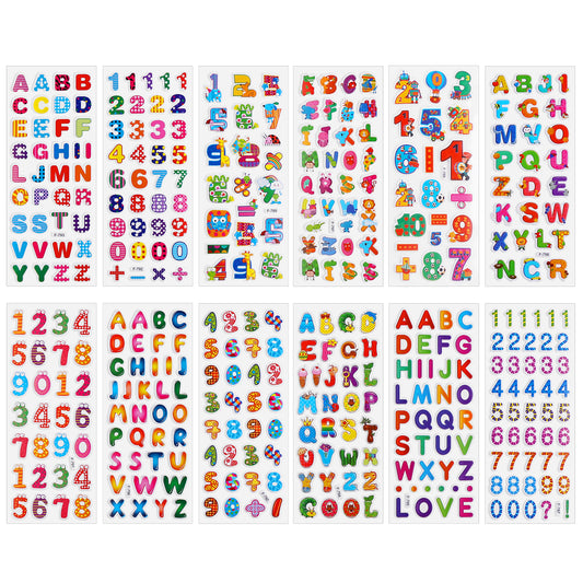 HJZHII 12 Sheet Variety Puffy Stickers for Kids, Cute Alphanumeric Sticker Colorful Children 3D Stickers Kid Stickers for Party Bag Fillers Rewarding Gifts Scrapbooking(Alphanumeric)