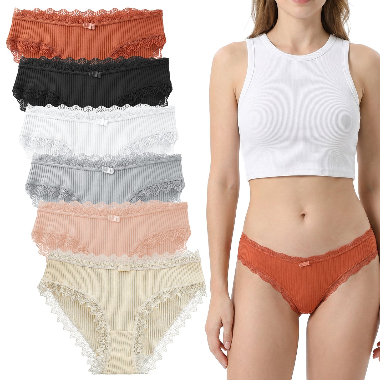 WJIAAA Cotton Underwear Women, 6 Pack Brazilian Briefs, Cotton Lace Underpants, Breathable Knickers Elasticity Panties Multipack Colorful Sexy Soft Hipster