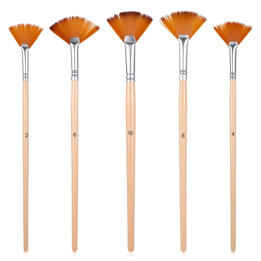 HJZHII 5 Pcs Fan Brush for Painting, Artist Fan Paint Brushes Set Long Wood Handle Painting Brush Anti-Shedding Acrylic Paint Brushes for Acrylic Oil Watercolor Gouche Kits(2#, 4#, 6#, 8#, 10#)