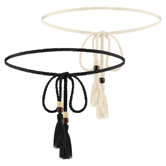 BOHUIZ 2Pcs Skinny Tassel Waist Belt with Wooden Beads for Women, Skinny Woven Waist Rope Belt Black + White Boho Braided Waist Belt Rope Chain for Thin Dresses, Skirts, and Tunics