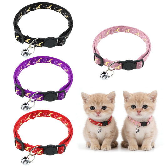 Jeffdad 4Pcs Cat Collar with Bells, Breakaway Cat Collars Kitten Collar Moons Stars Cute Kitty Safe Kitten Collars for Kitten Cats-Adjustable 8.3-13.4 Inch