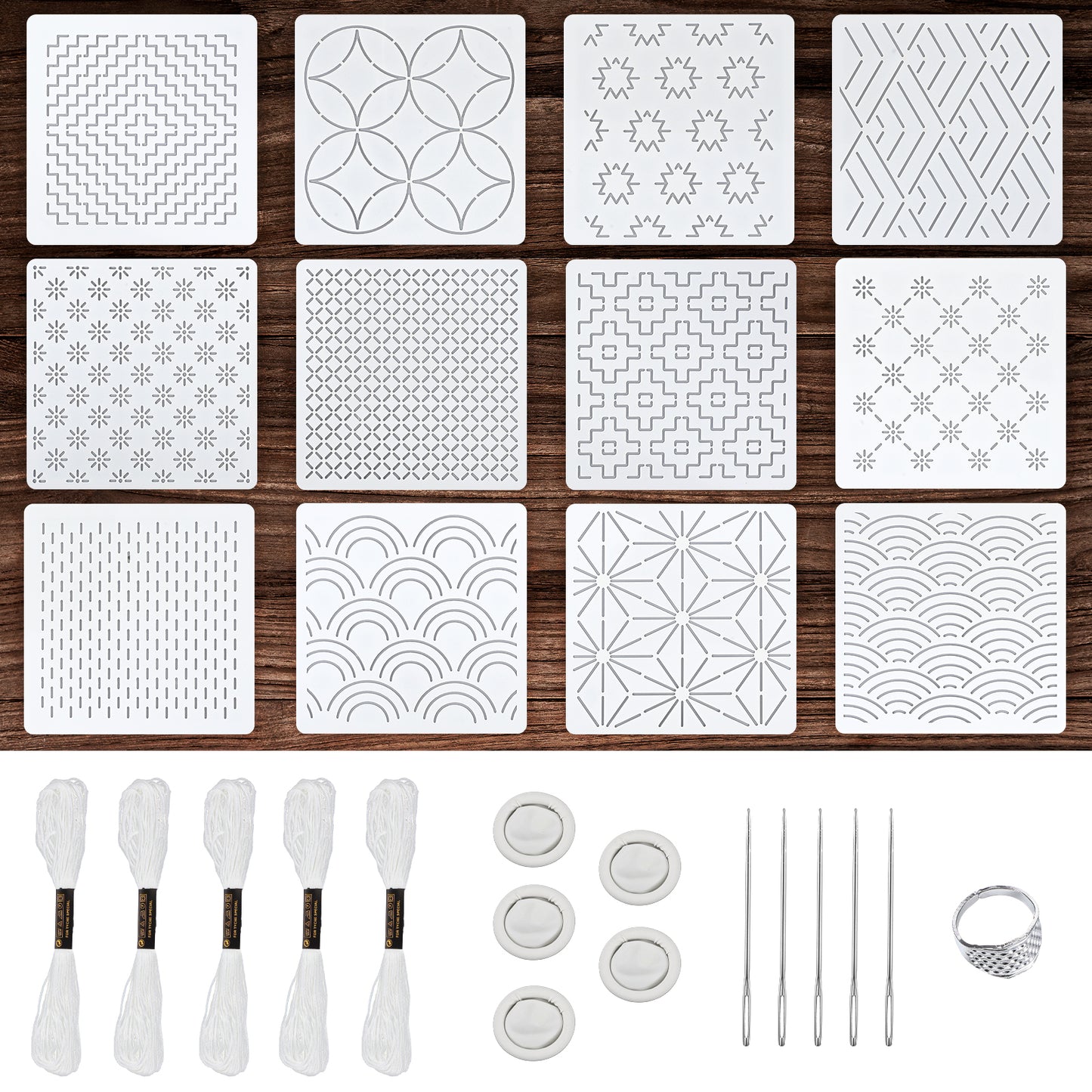 XLIUAX 28pcs Plastic Sashiko Stencil Kit, 4.7 X 4.7 Inch Template Pattern Geometric Embroidery with Sashiko Thimble and Needles Thread Drawing Line Template for Hand Quilting Sewing