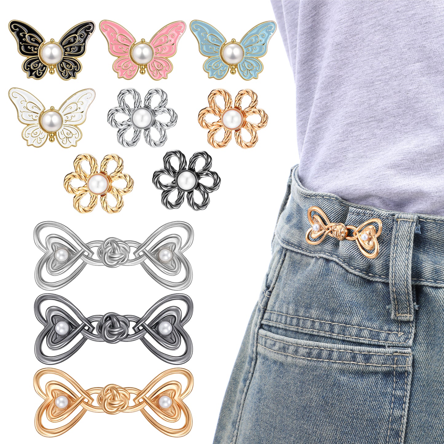 GEEHUA 11 Sets Jeans Button Pant Waist Tightener, Adjustable Detachable No Sew Jean Buttons Pins Decorative Waist Cincher Clip Buttons for Loose Jeans Pants Skirts Dresses - Heart Flower Butterfly