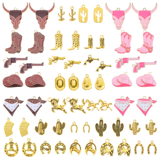 HJZHII Western Cowboy Charms for Jewelry Making, Boot Hat Horse Cactus Trinkets Enamel Charms for Necklace Earrings Bracelet Keychain Pendant DIY Crafts(Gold, Pink, Brown)