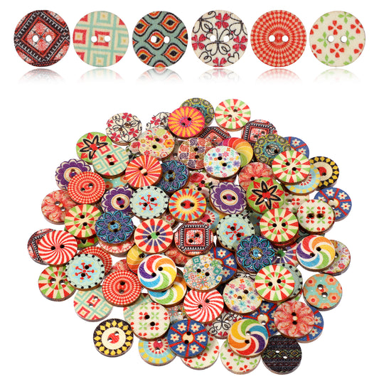 LIQWEI 100 Pcs Mixed Vintage Wooden Buttons, 15mm Craft Buttons Assorted Flower Button with 2 Holes, Round Sewing Decorative Button for DIY Clothes Sewing Craft Decorative Handmade Projects