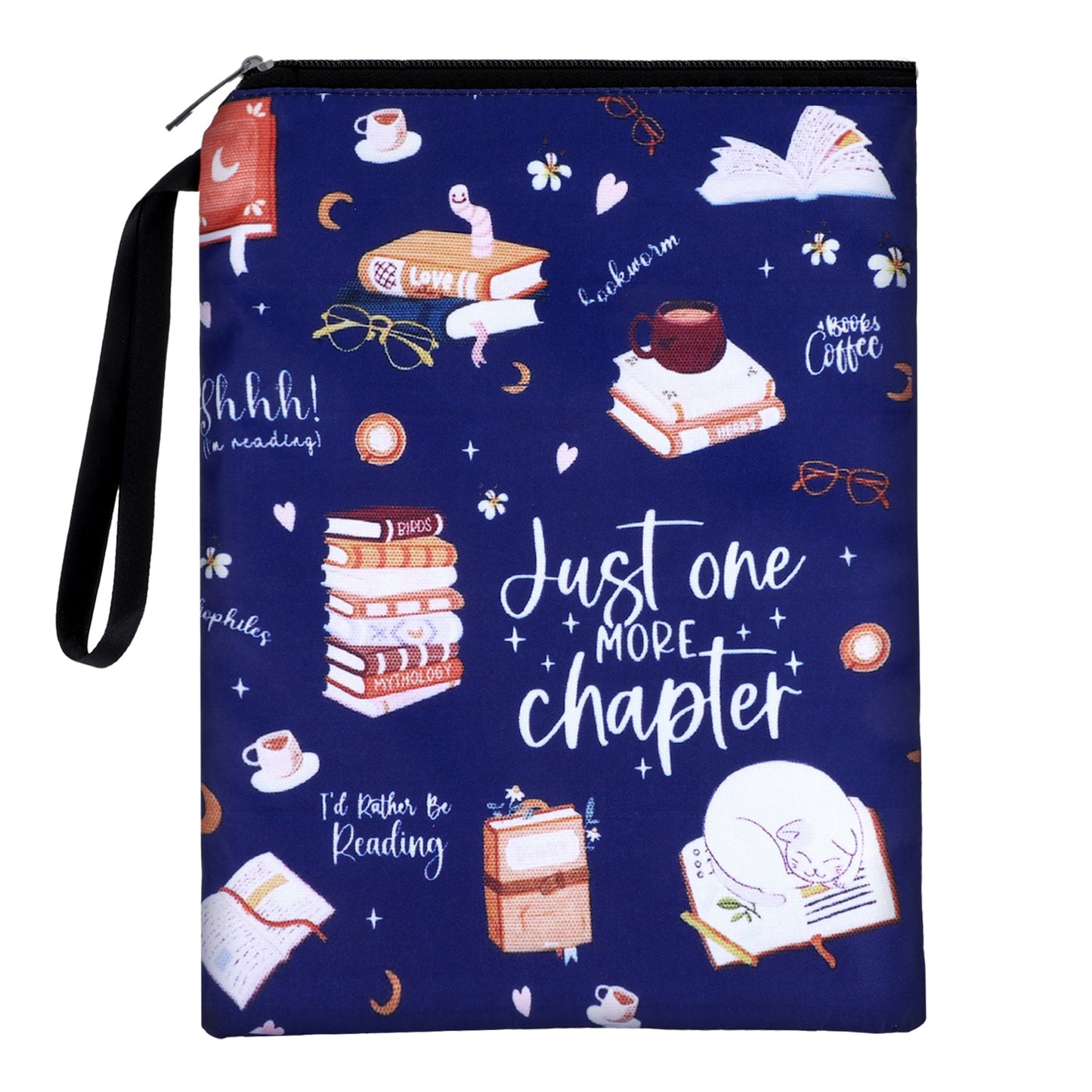 XLIUAX Just One More Chapter Book Sleeve, 11x 8.5 inch Waterproof Book Protector with Zipper and Front Pocket Washable Canvas Paperback Cover for Readers Lovers Gifts Books Accessories Travel Vacation
