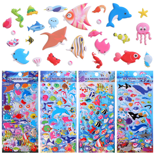 JJUNW Fish Stickers, 4 Sheets 3D Foam Under The Sea Ocean Animal Stickers for Crafts Sea Creatures with Assorted Small Sea Life, Tropical Fish, Sea Turtles Shape Stickers(Style1)