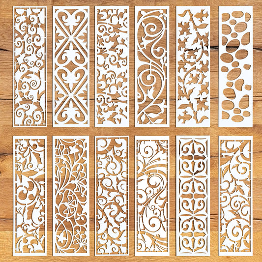AOZUO 12 PCS Border Stencils for Painting, Leaf Stencil Template Reusable Furniture Cake Decorative Stencils Texture Stencils Drawing Template for Wood Wall DIY Craft Paper Canvas Fabric