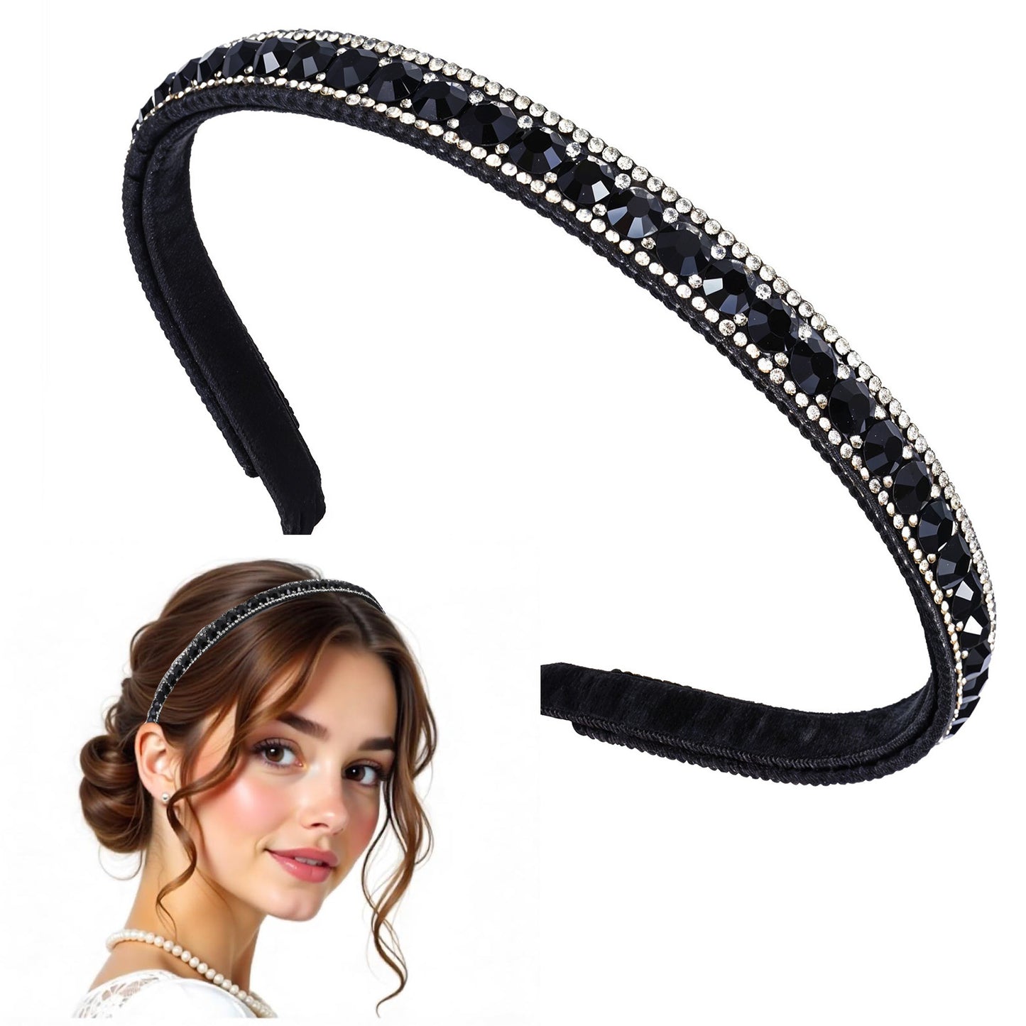 Giantree Black Rhinestone Headband, Non-Slip Rhinestone Headband for Women, Fashion Sparkle Crystal Rhinestone Headband, Black Velvet Headband Accessory for Women Girl, Valentine's Day Gift(Black)
