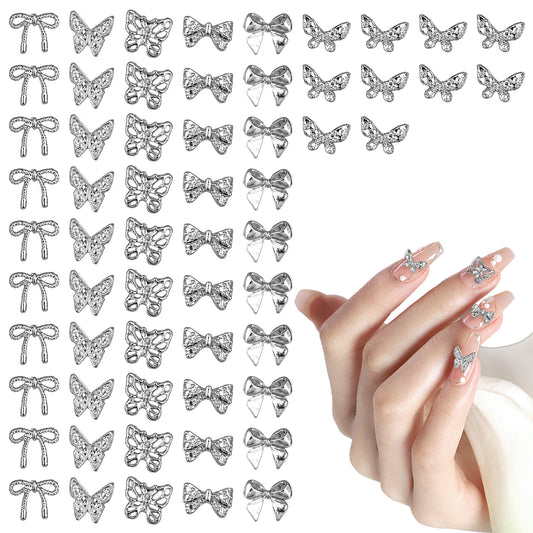 Giantree 60Pcs Bow Nail Charms, Silver Nail Charms Nail Bows, Nail Gems and Charms Charms for Nails Design, Luxury Shiny Bow for Women Girls Crafts DIY Nail Art Accessories Phone Cases Making