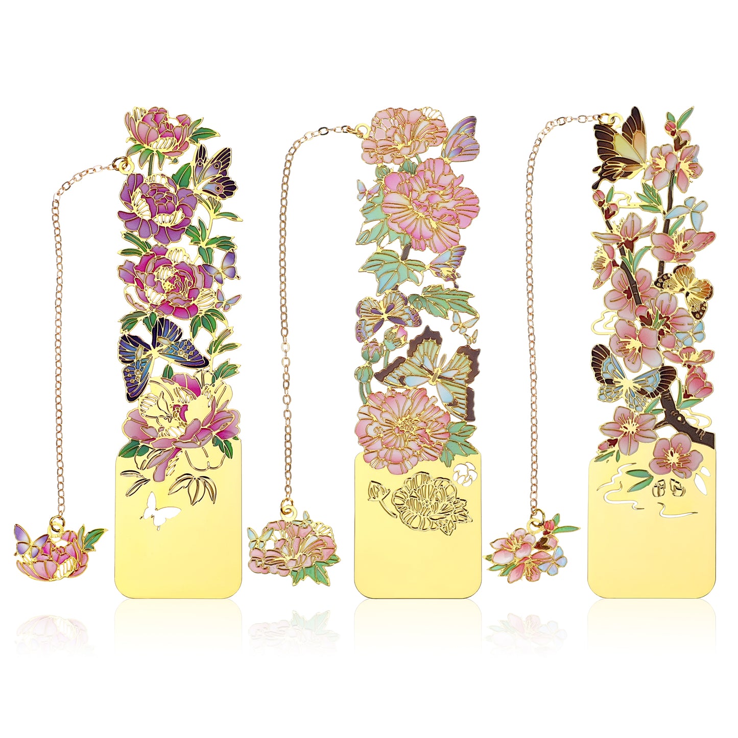 Yuanchu 3pcs Metal Bookmarks, Bookmarks for Reading Women Flower Bookmark with Chain Pretty Bookmarks Book Lover Gifts for Women Golden Hollow Bookmarks Peach Blossom Hibiscus Peon Bookmarks