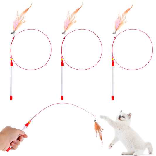 LXUEJIE 4 Pcs Cat Feather Toys, Cat Toys Wand with Bell Beads Teaser Wire Wand for Cats Chase Exercise Play