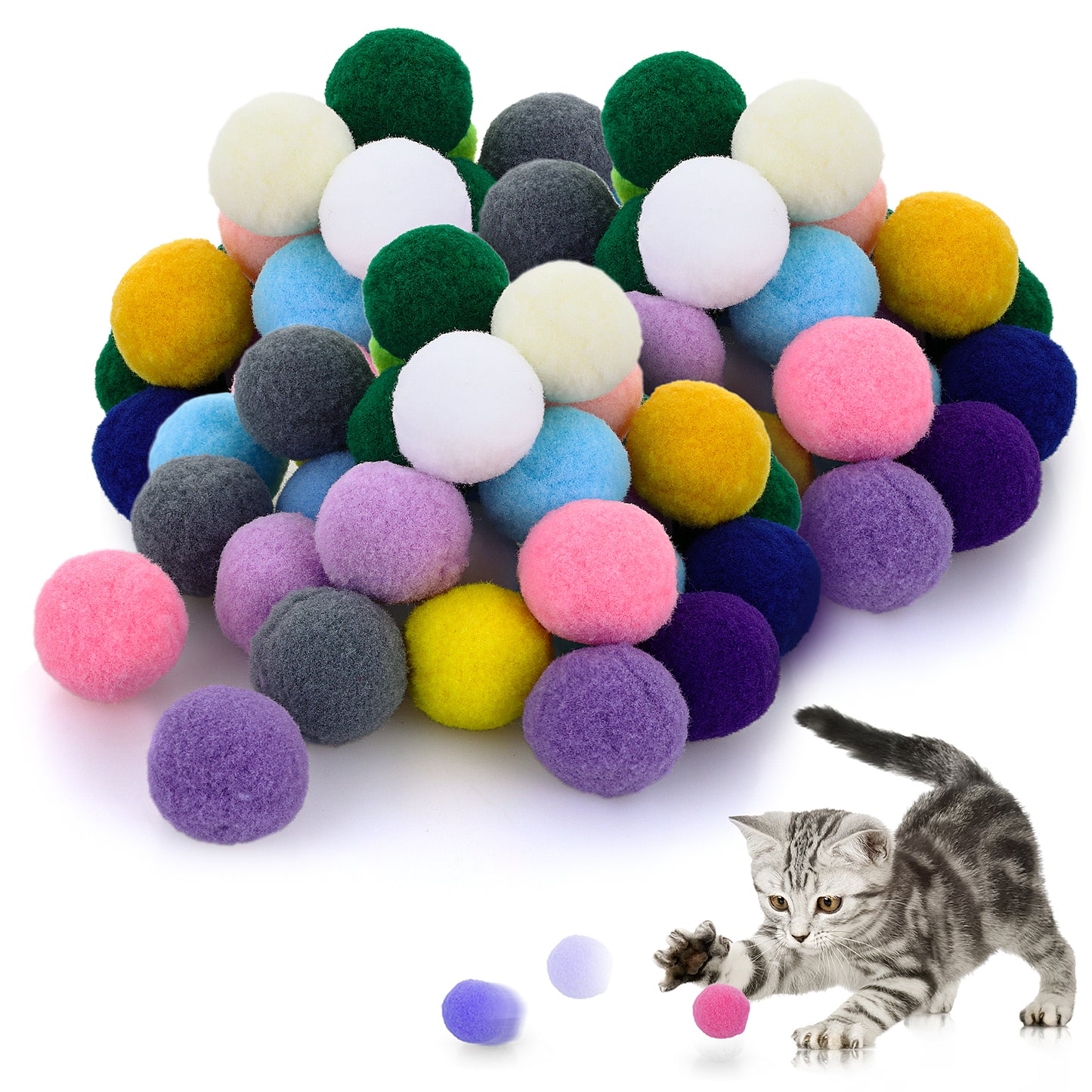 Molain Cat Toy Balls, Soft Cat Balls 1Inch Kitten Pom poms Ball Cat Play Toy Indoor Cats Interactive Pompon Ball Toy (50 Pieces)