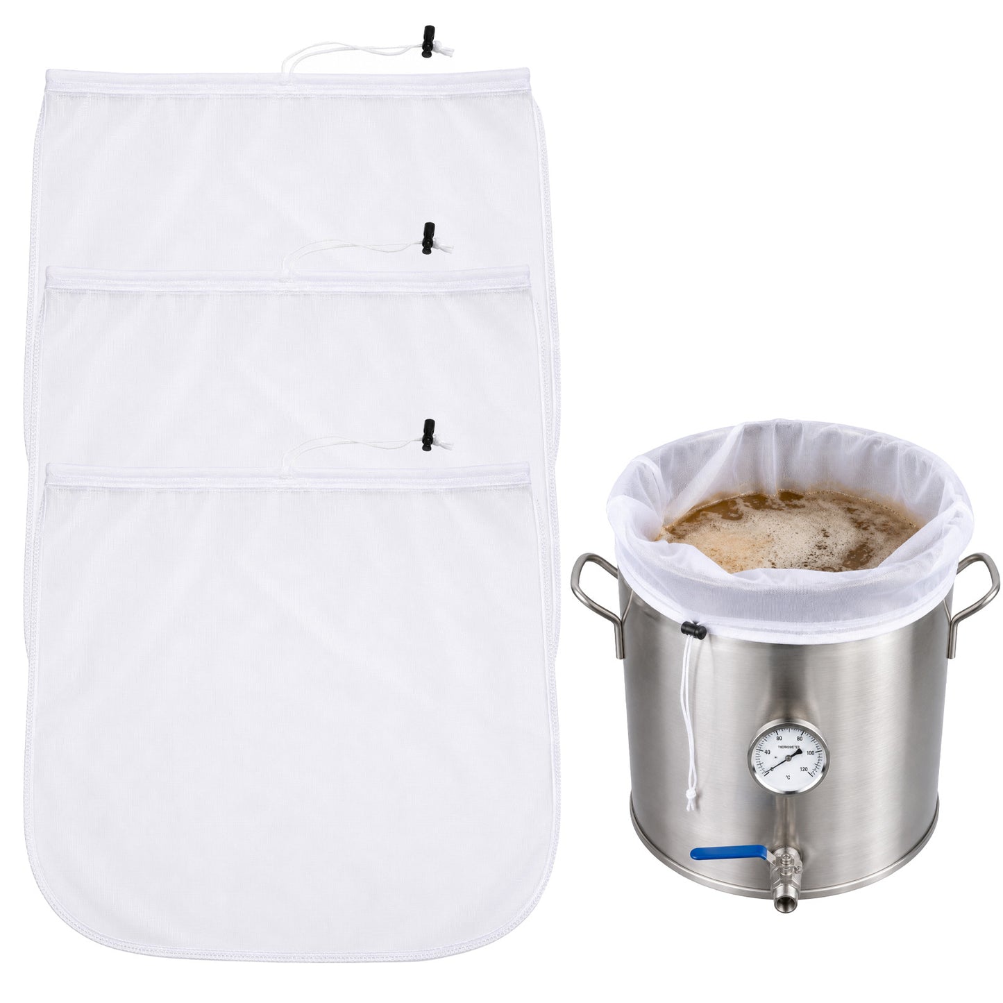 HJZHII 3Pcs Brew Bags, 250 Micro Fine Mesh Strainer Bag 26"x22" Extra Large Reusable Straining Bag with Adjustable Drawstring for Home Brewing, Kitchen Straining for Beer Wine Nut Milk Cold Brew Jelly