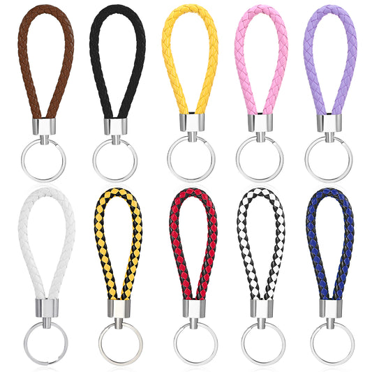 MBAIYO 10 pcs Keyrings for Women Men, Mixed Weave Leather Keyring Multicolor Key Rings, Car Keychain Key Fobs Holder Personalised Gift Keychains