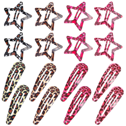 AOZUO 16Pcs Metal Snap Hair Clips, No Slip Pink Leopard Hair Barrettes Star & Water Drop Shapes 2000s Aesthetic Cute Hairs Accessories for Women Girls Thick Thin Styling