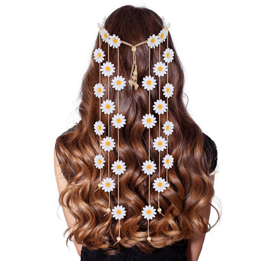 AOZUO Daisy Flower Headband, Sunflower Hippie Headband Floral Crown Hairband Vintage Boho Fairy Headdress with Beads for Wedding Party Outfit Costume Photography Decoration
